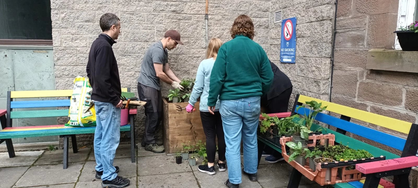 People planting a shaded courtyard at NHS Dundee Dental Hospital and School